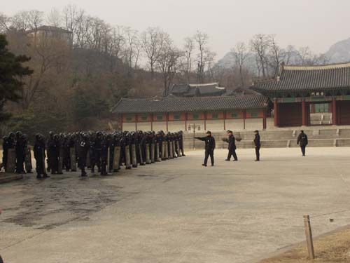 훈련중인 곳은 국가 사적 271호인 경희궁이다. 숭정문이 보인다 